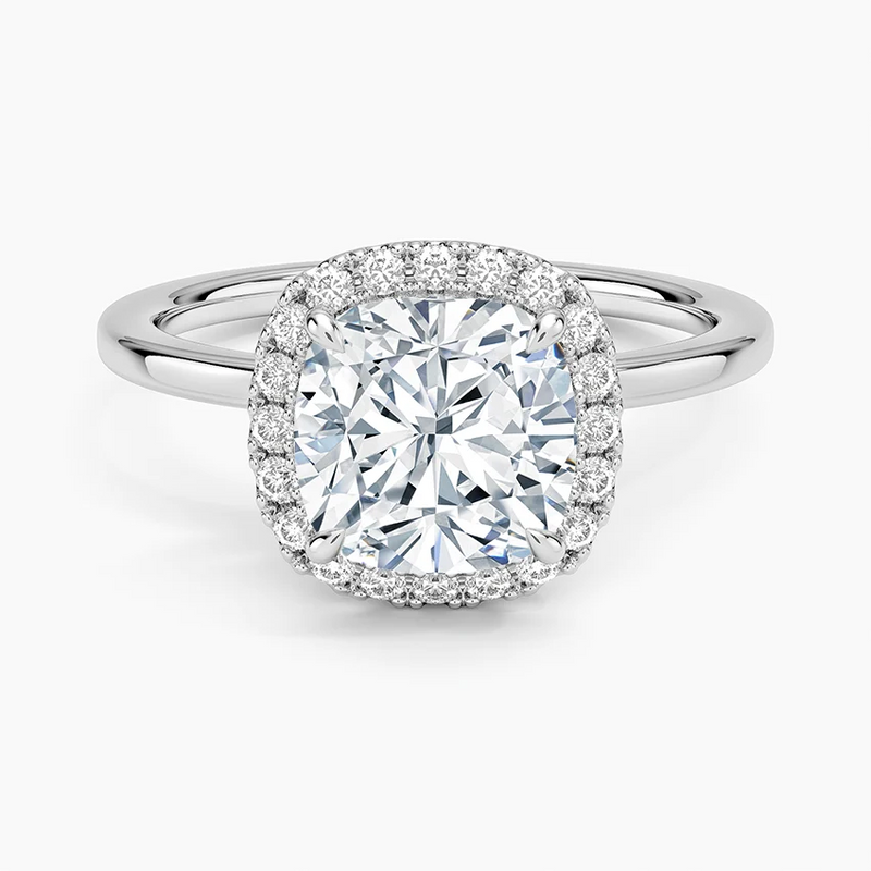 Faye Cushion lab-grown diamond ring, top view, 2 carat