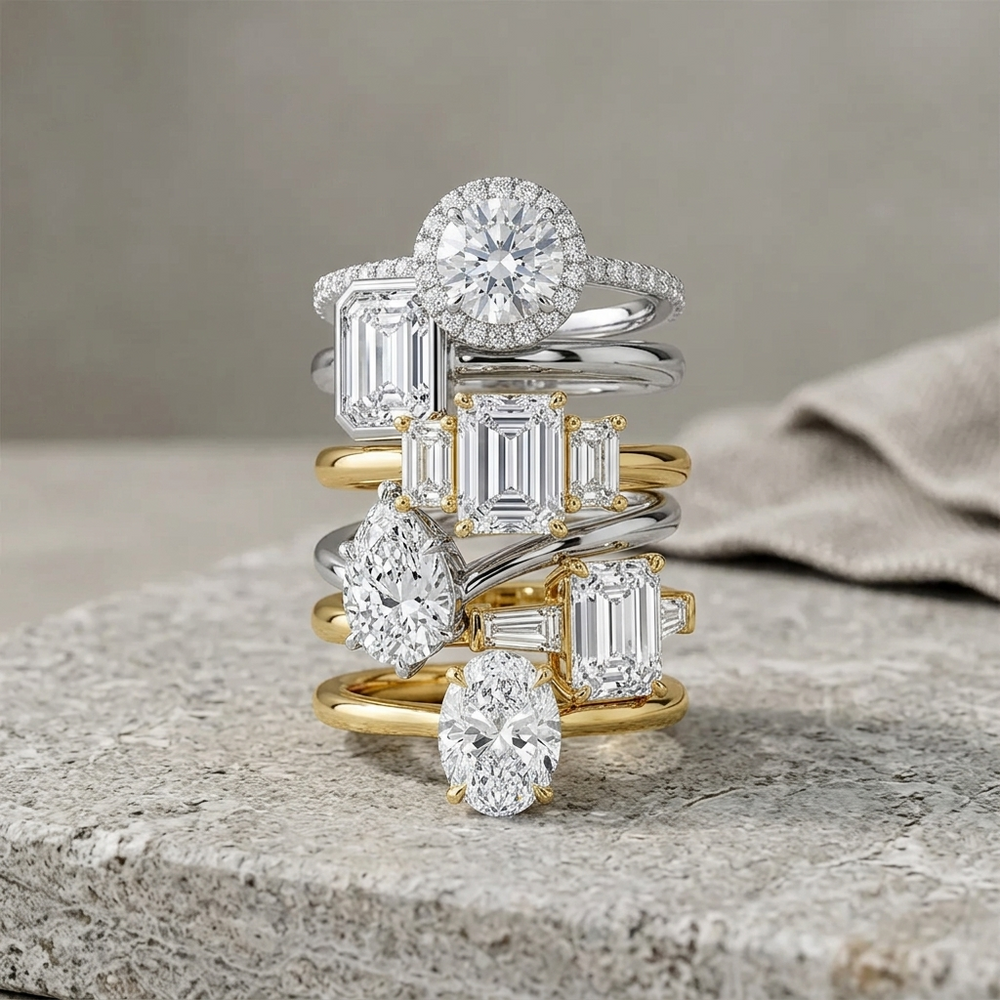 A stack of Beylora rings, every stone two carats or more