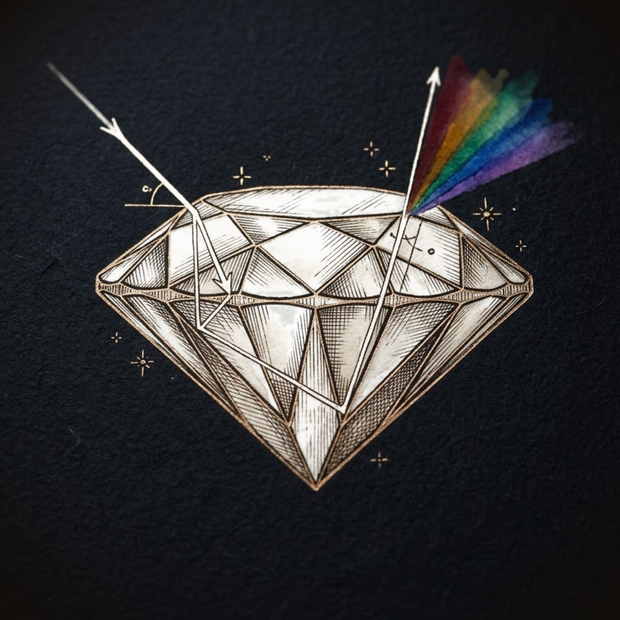 Hand-drawn engraving of a round brilliant diamond in bronze ink: a ray of light enters, reflects inside the facets, and leaves through the crown as a hand-painted fan of spectral color, with small gilded sparkles around the stone.