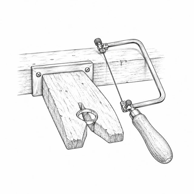 Pen illustration of a jeweler’s bench pin and saw
