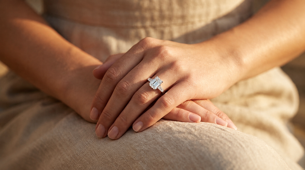 An emerald-cut diamond ring worn on a hand