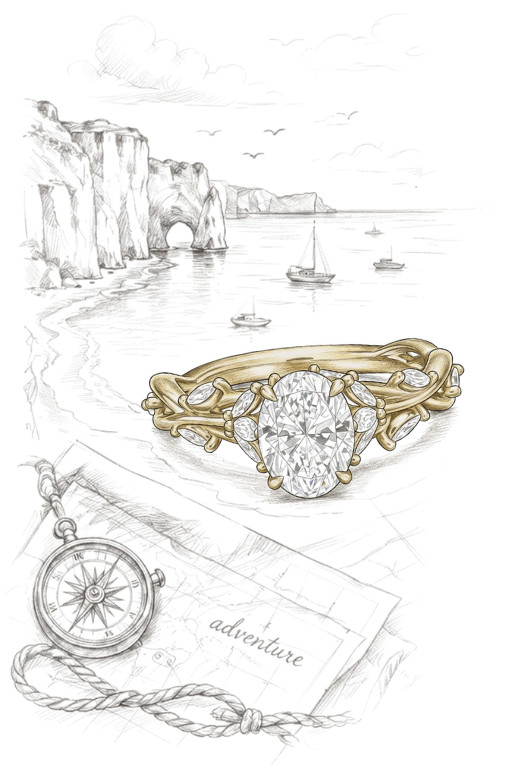 A hand-drawn coastline with a gold ring, a compass, and a map marked adventure